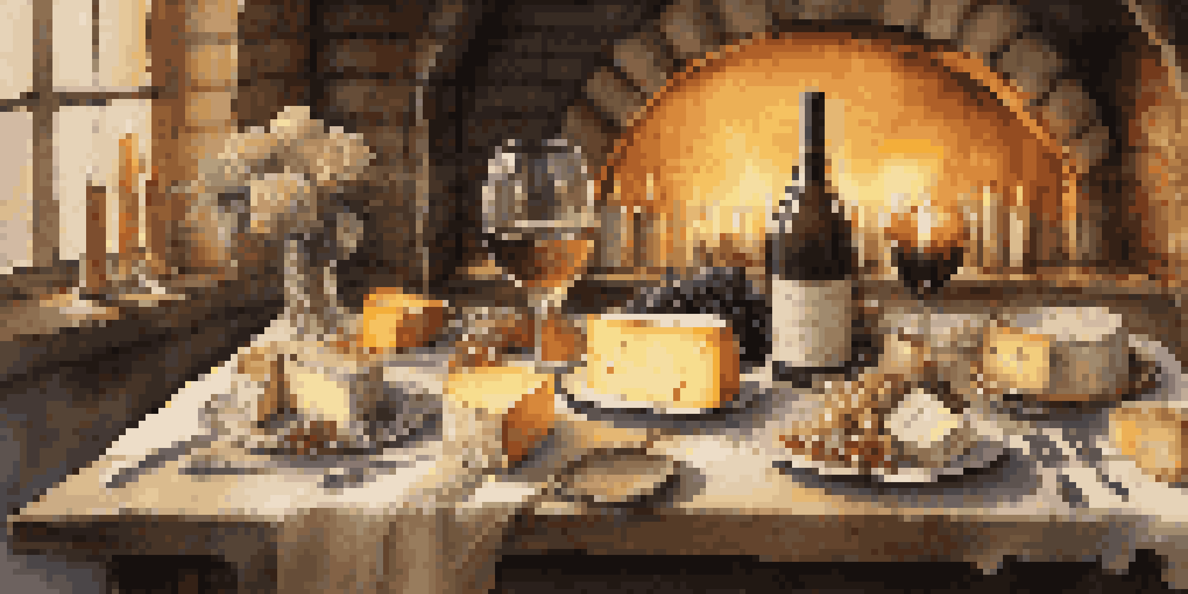 A beautifully arranged dining table showcasing artisanal cheeses and fine wines, illuminated by candlelight in a rustic wine cellar.