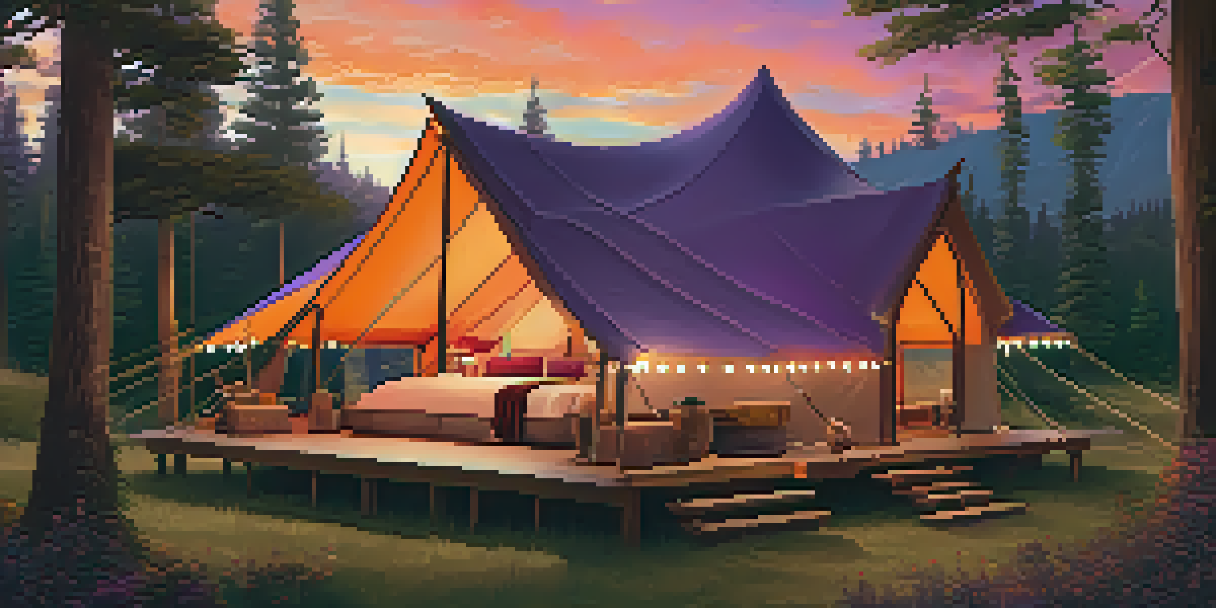 A beautifully decorated glamping tent in a national park during sunset, with warm lighting and a cozy outdoor seating area.