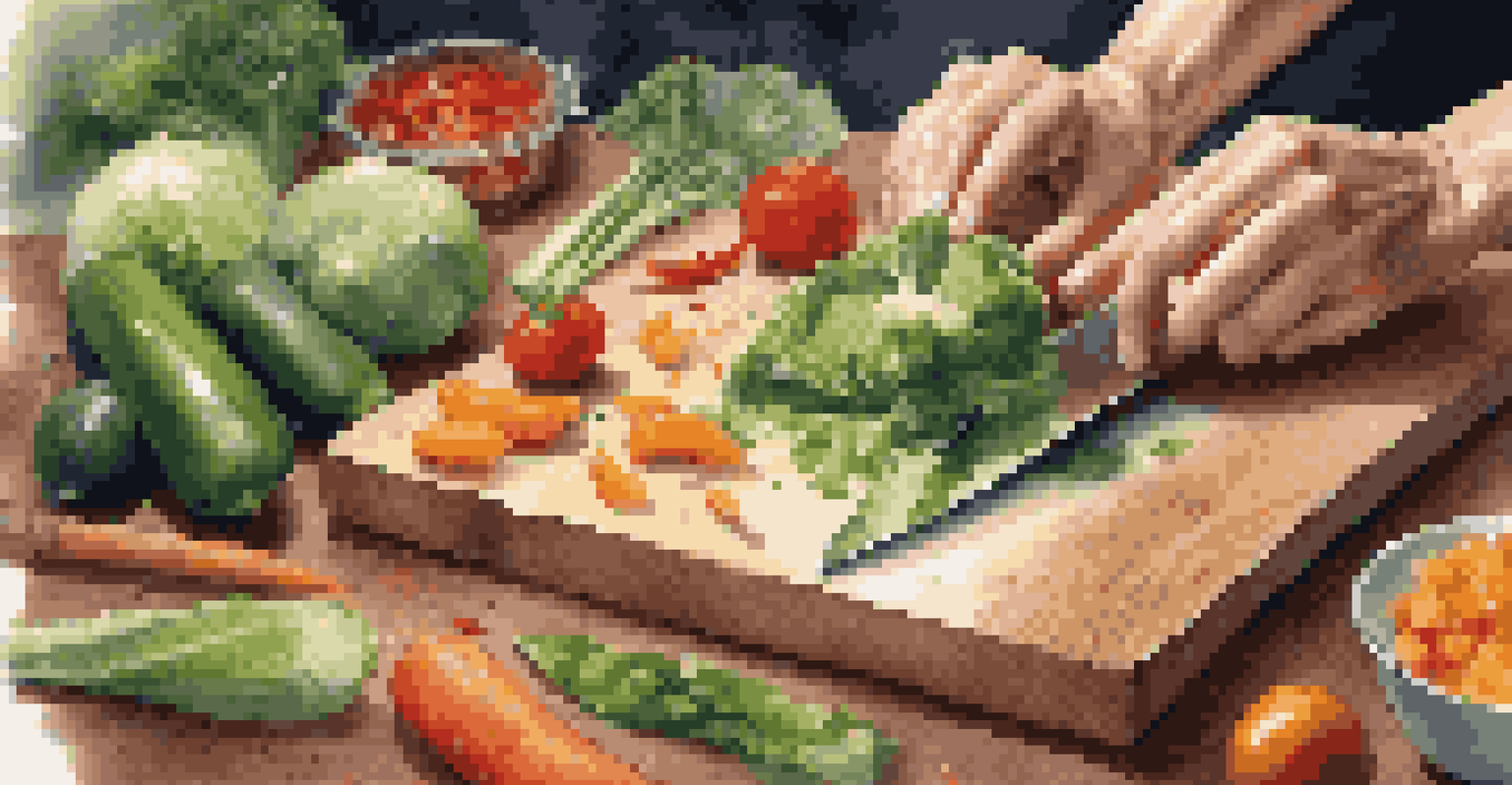 Close-up of hands chopping fresh vegetables on a wooden cutting board, with colorful ingredients in the background.
