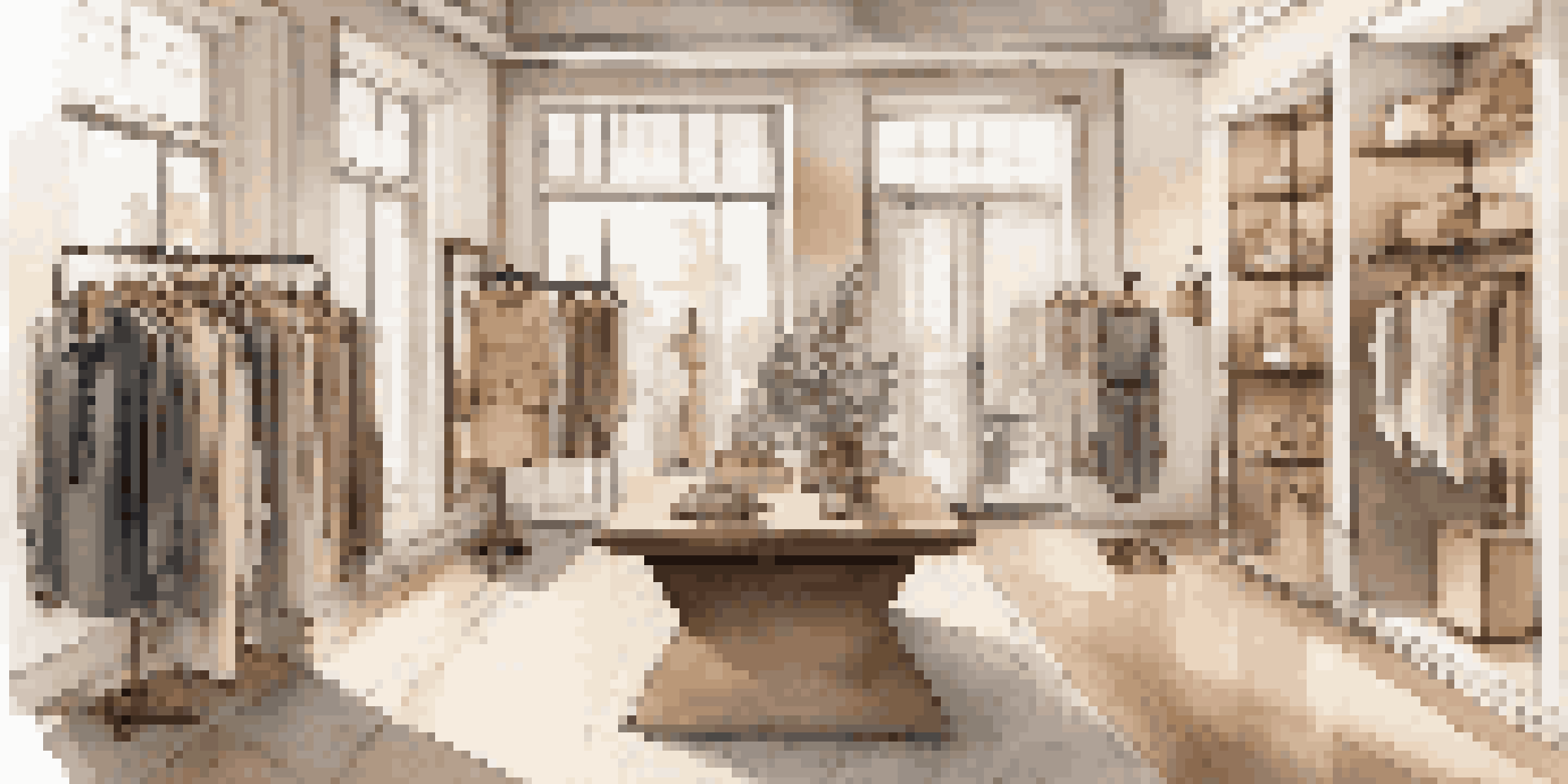 A stylish boutique displaying ethically produced clothing with warm lighting and natural textures.