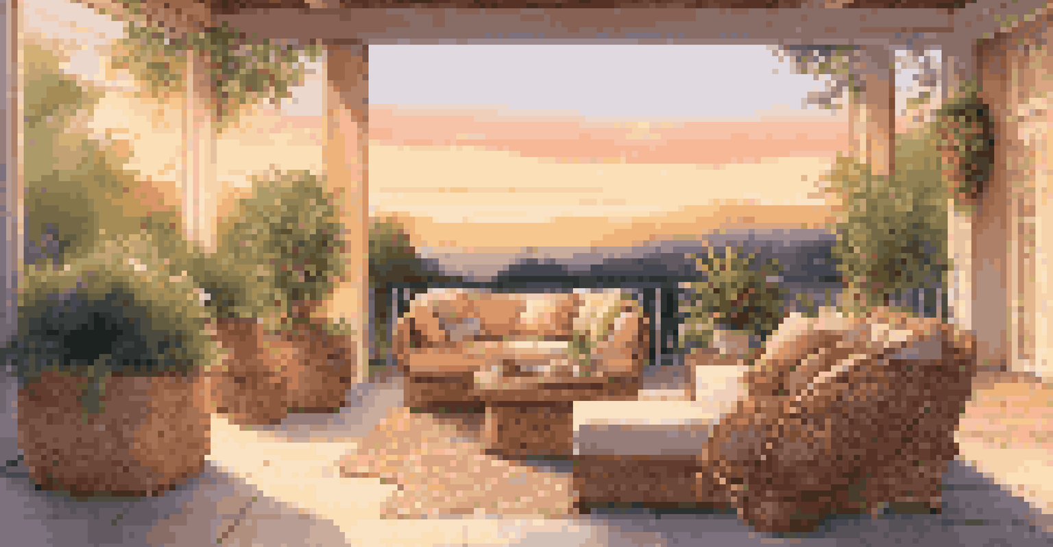 A serene outdoor terrace with rattan furniture and a scenic landscape at sunset.