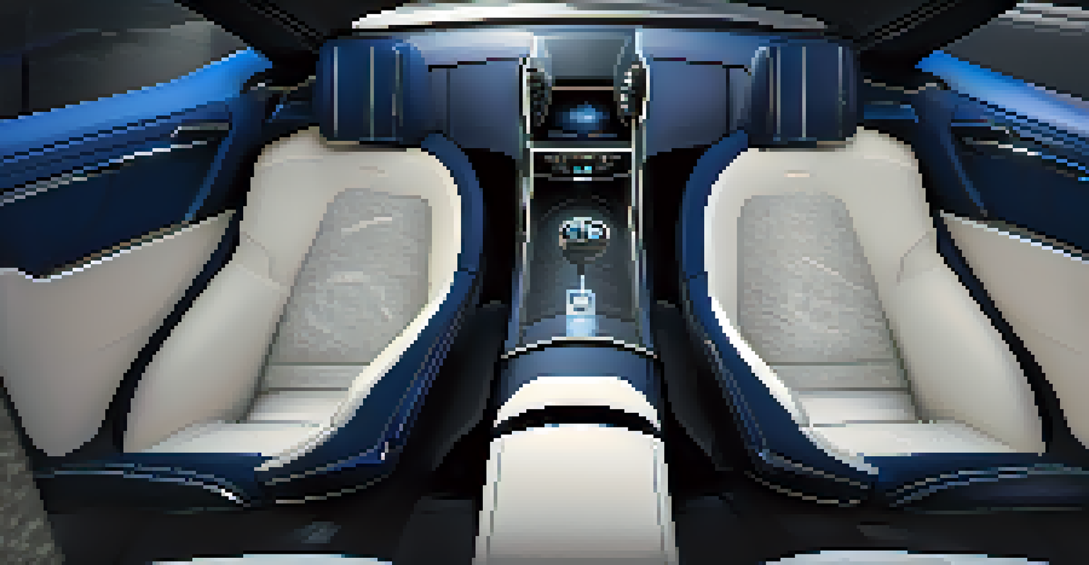 An overhead view of a luxury car's interior showcasing digital displays, touch-sensitive controls, and stylish ergonomically designed seats.