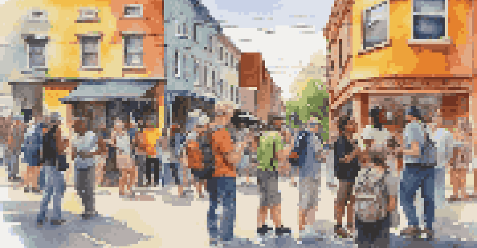 Travelers participating in an art walk, engaging with a local artist amidst colorful street murals.