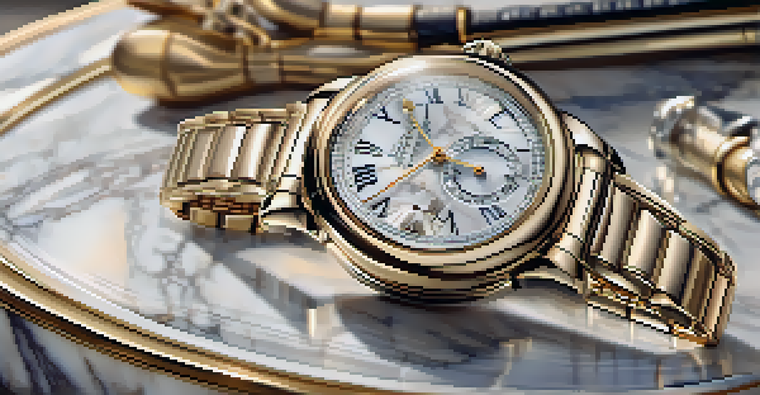 A close-up of a luxurious watch on a marble surface, showcasing intricate details.