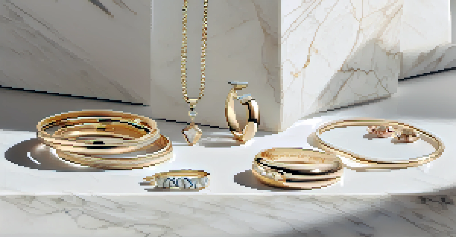 An artistic arrangement of smart jewelry pieces on a marble surface, highlighting their elegant design.