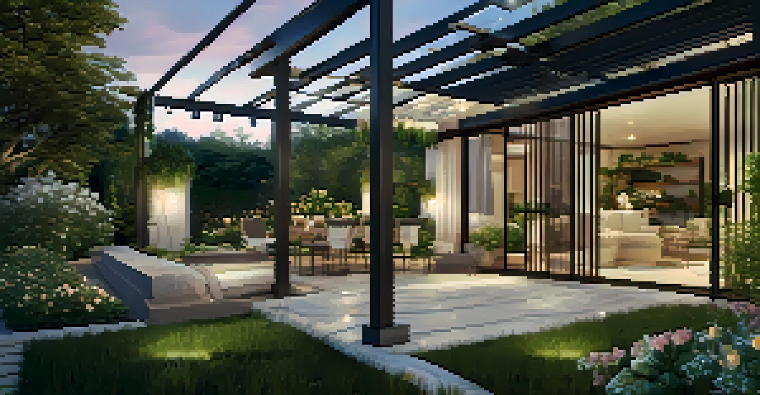 An outdoor garden of a luxury home featuring solar-powered lights and a cozy seating area, surrounded by lush landscaping and flowers.