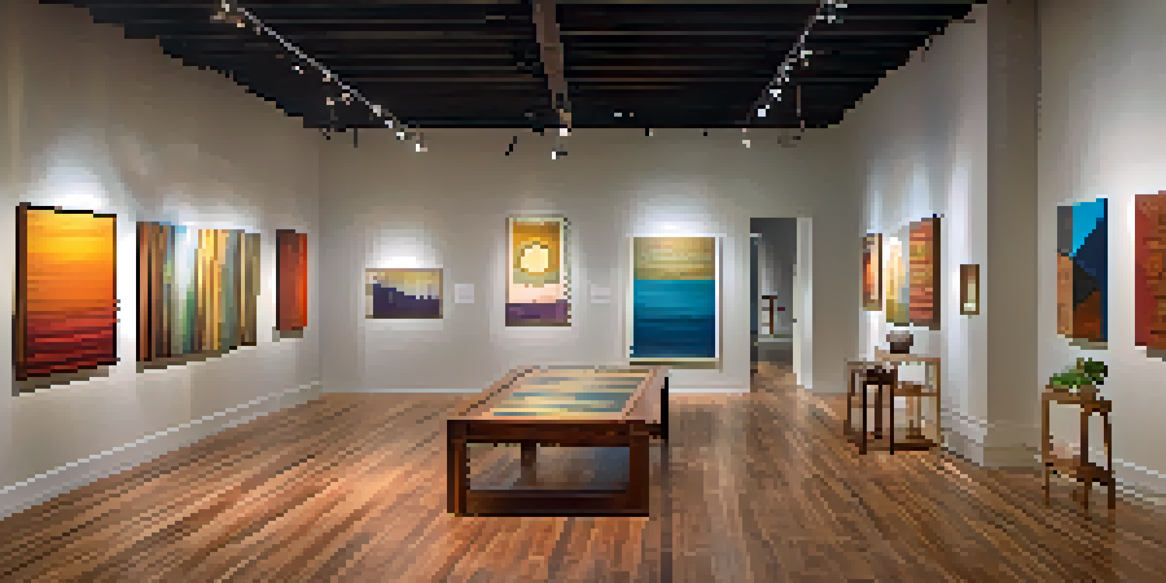 An art gallery filled with eco-friendly artworks made from reclaimed materials, illuminated by warm lighting.