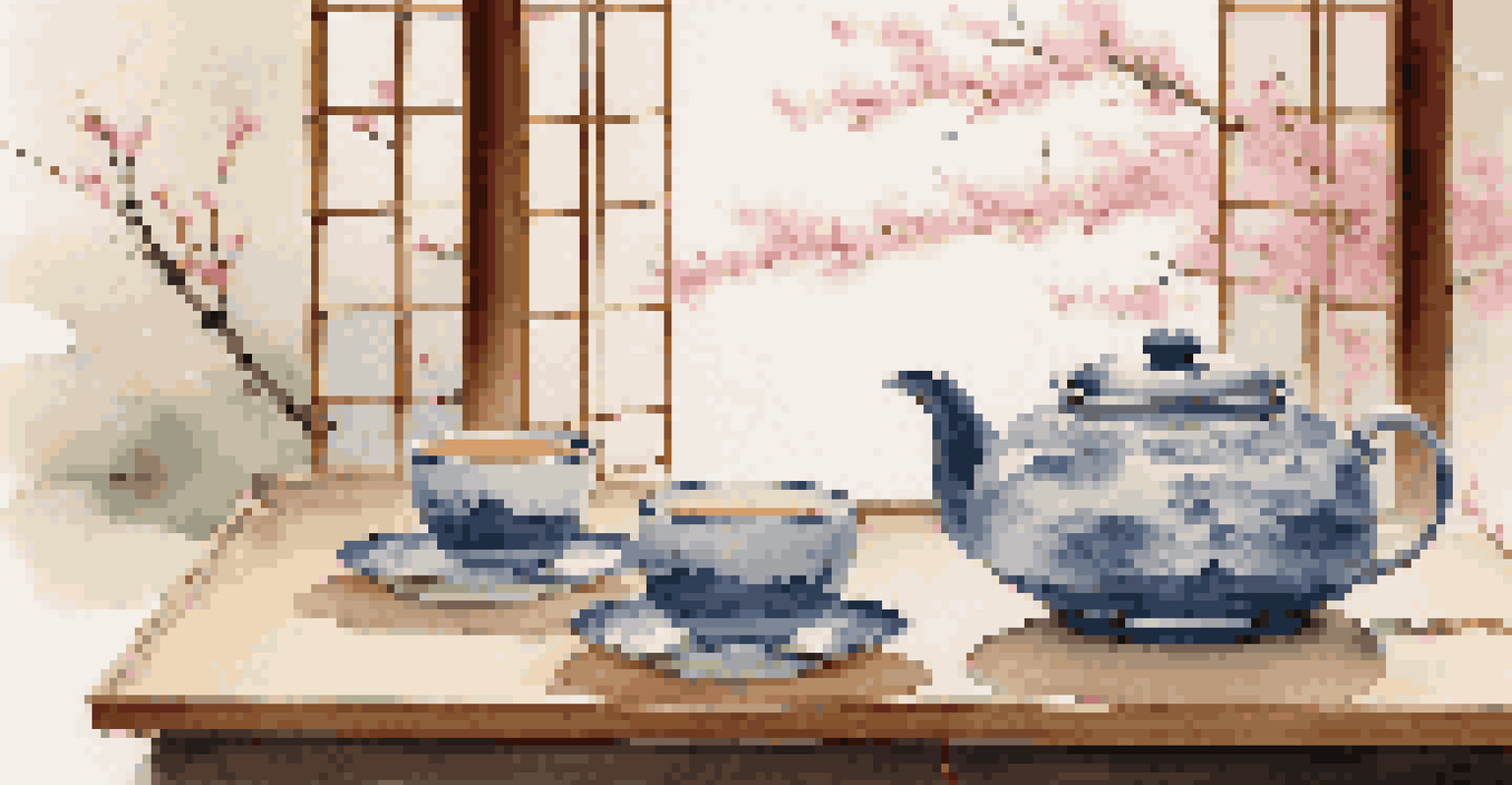 A serene tea ceremony setup with a teapot, teacups, and cherry blossoms, set in soft natural lighting.