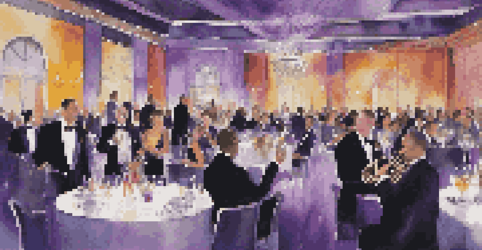 A corporate gala featuring a jazz band on stage, guests enjoying cocktails, colorful lights, and elegant table settings in purple and silver hues.