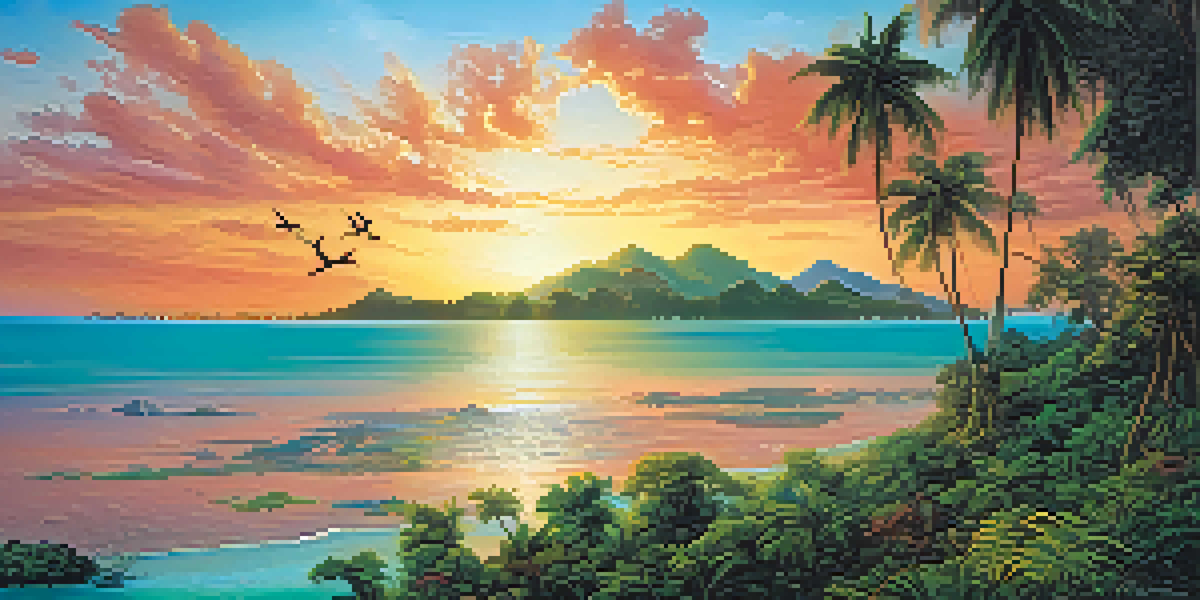 A lush rainforest and vibrant coral reefs in Papua New Guinea at sunset, with exotic birds flying in the sky.