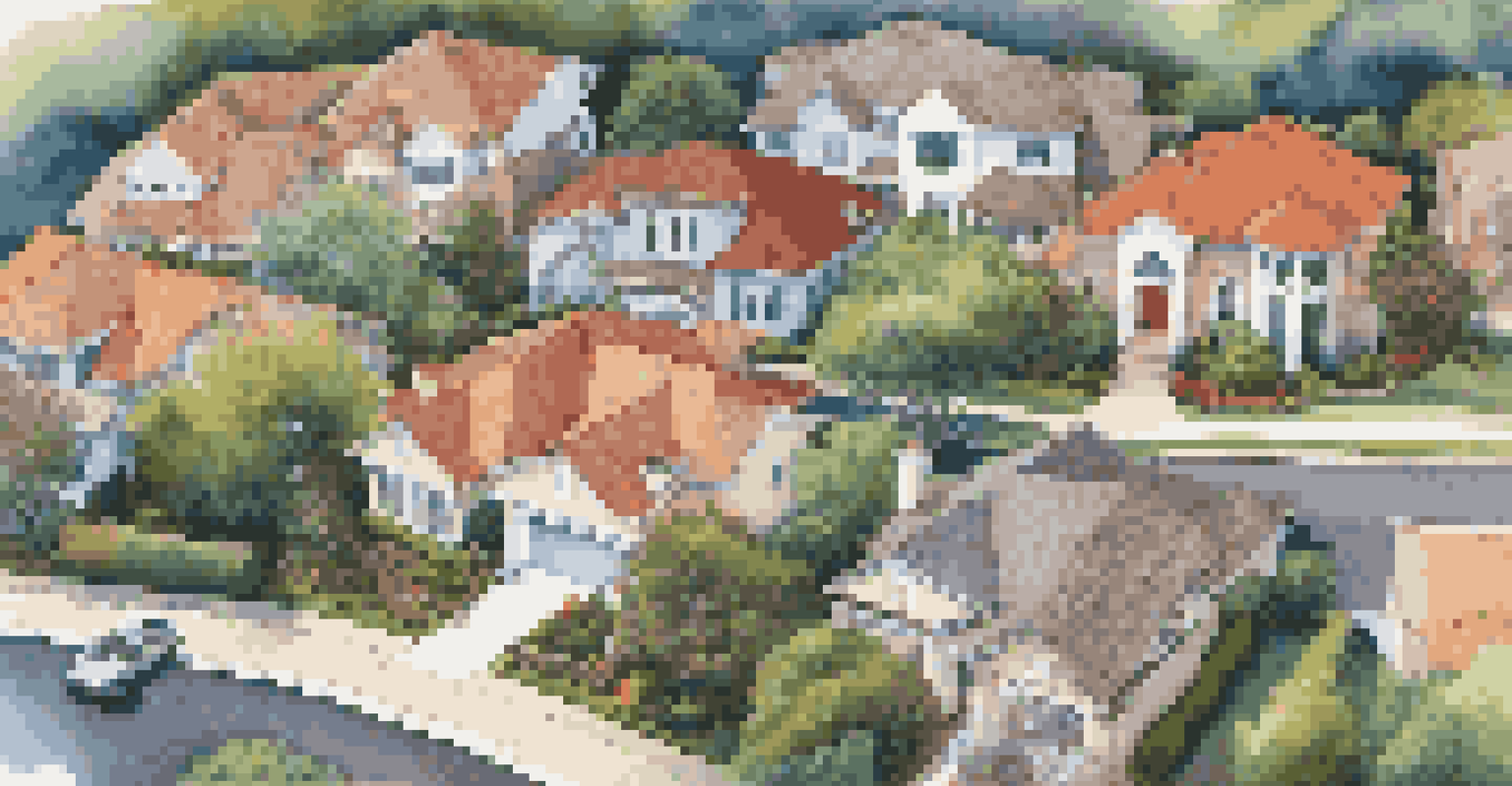 An aerial view of luxury homes in a neighborhood, showcasing their clean and vibrant exteriors.