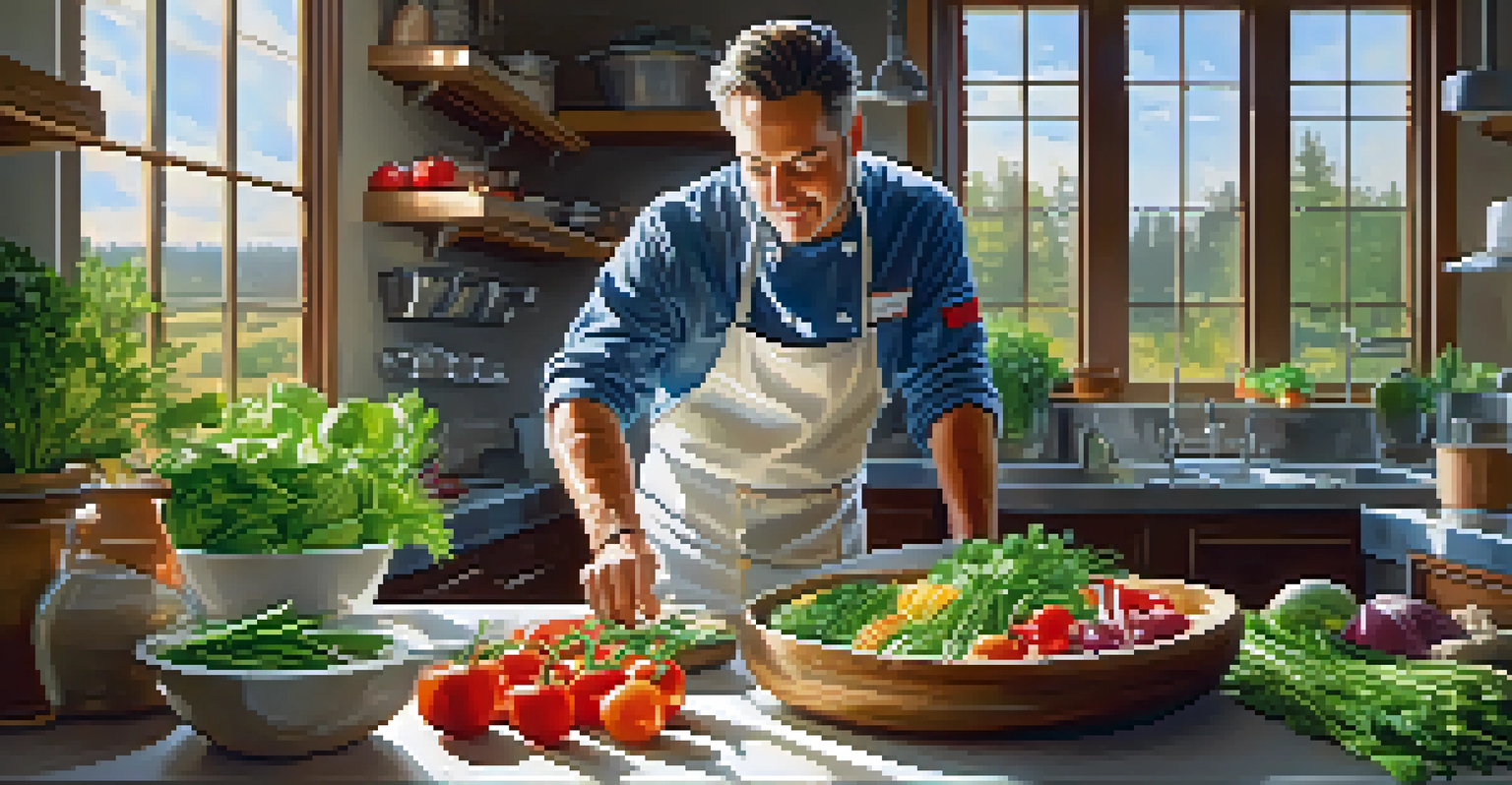 A chef in a rustic kitchen preparing a colorful farm-to-table dish with fresh vegetables.