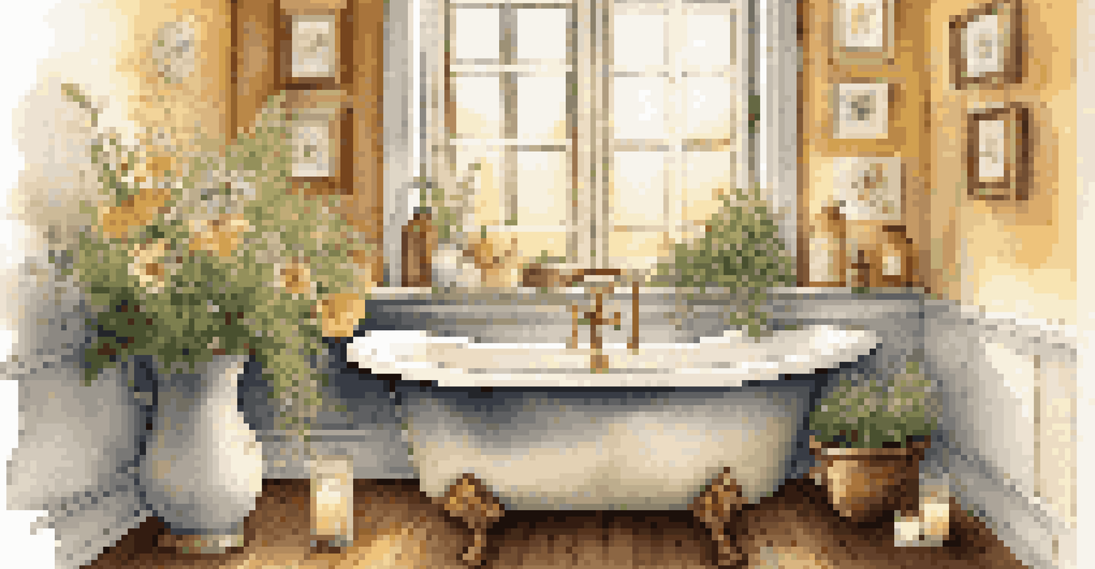 A cozy bathroom corner with a vintage tub, filled with herbal water, candles, and fresh flowers.
