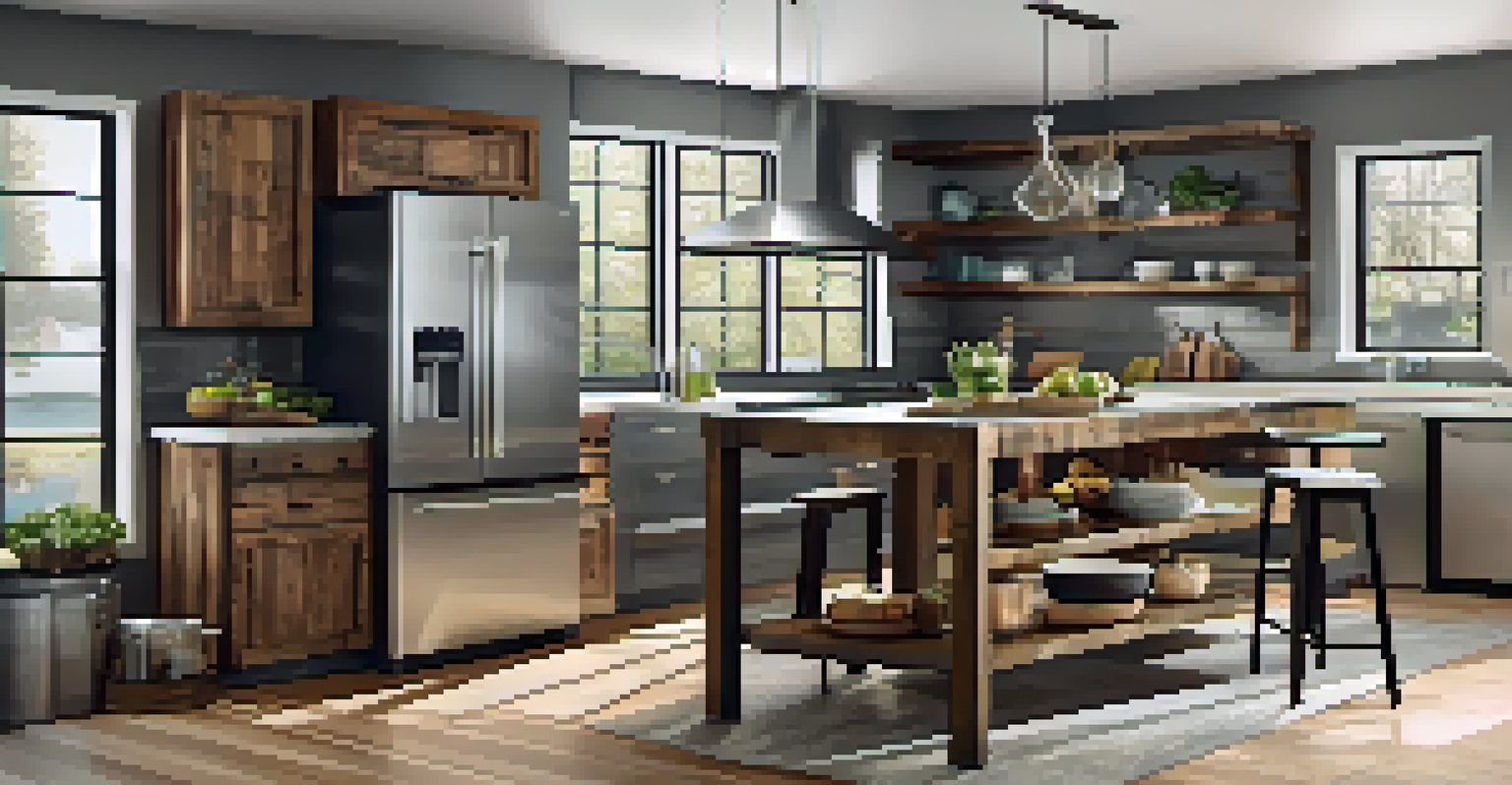 A modern kitchen with a reclaimed wood island and sleek appliances, illuminated by natural light.