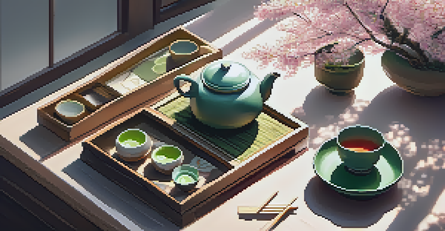 An aerial view of a Japanese tea ceremony setup with a matcha bowl, bamboo whisk, and green teas in a garden.