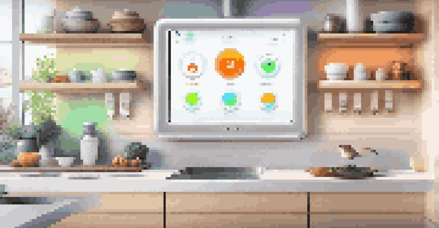 A high-tech smart home control panel showing various automated settings in a modern kitchen.