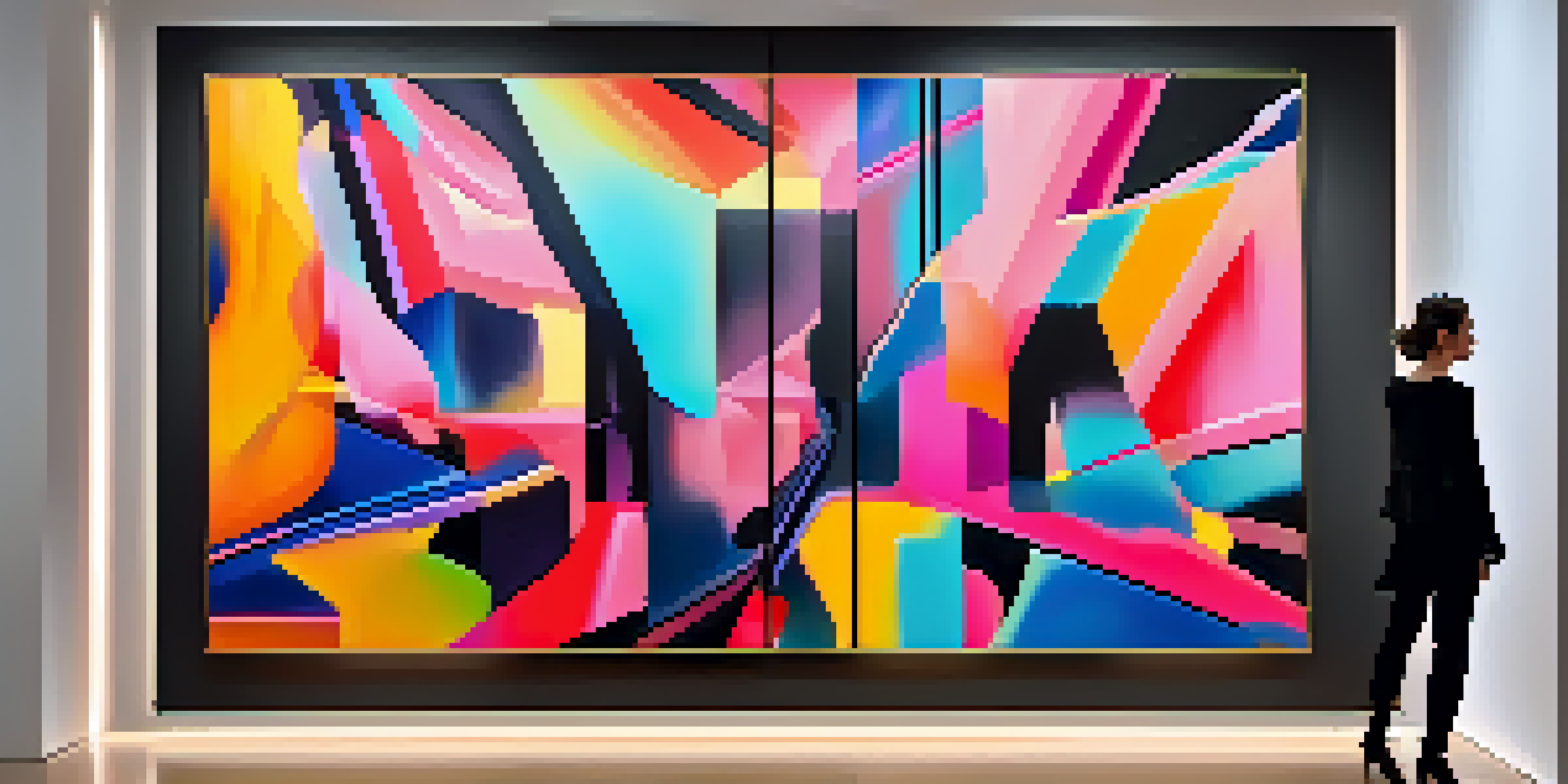 A modern virtual gallery with colorful abstract digital art displayed on minimalist walls, and visitors appreciating the pieces.