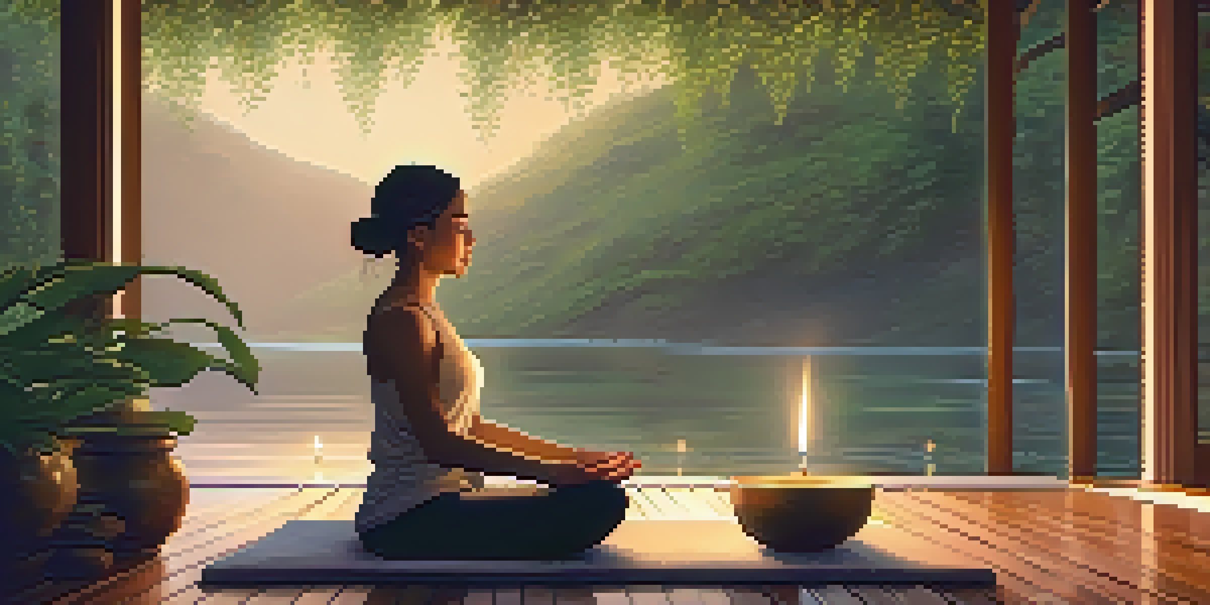 A person meditating in a luxurious spa with candles and greenery around them, creating a peaceful environment.