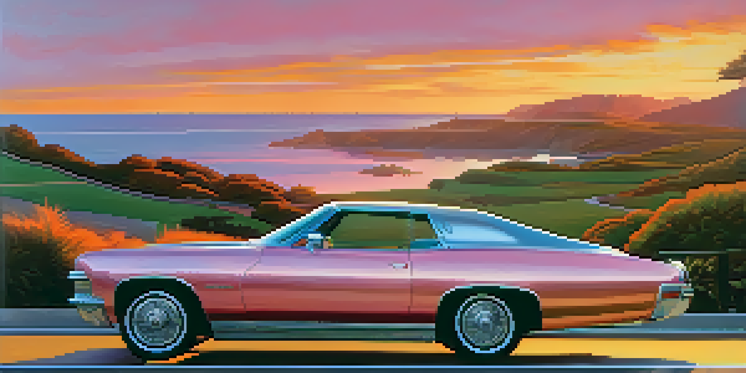 A luxury car parked on a coastal road at sunset, showcasing its sleek design and vibrant colors.