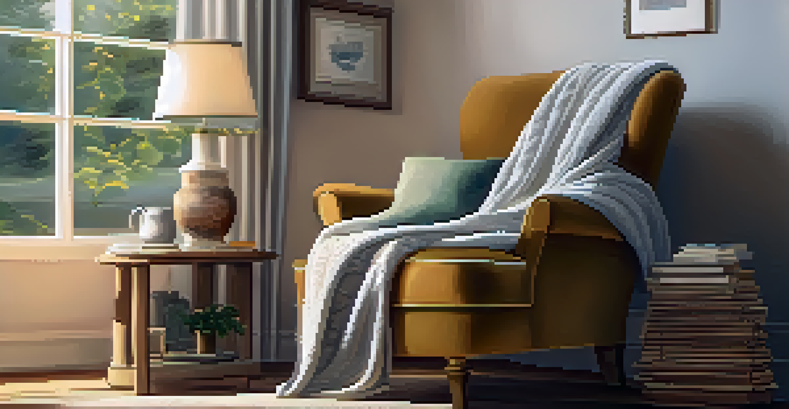 A cozy reading nook featuring a luxurious armchair, wellness books, and a steaming cup of tea, illuminated by warm light.