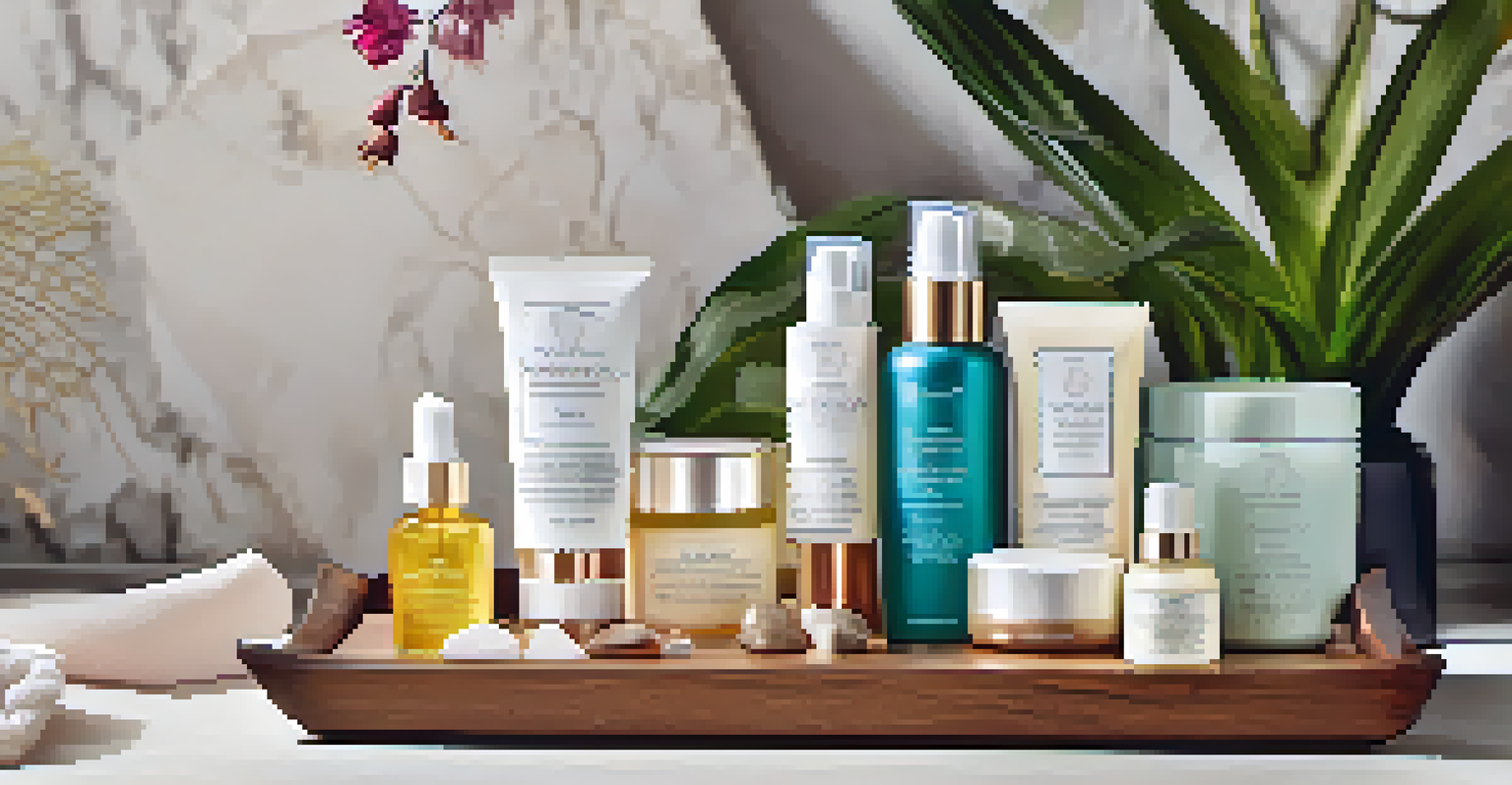 A stylish arrangement of luxury skincare products on a wooden tray, set against a soft fabric background with natural elements.