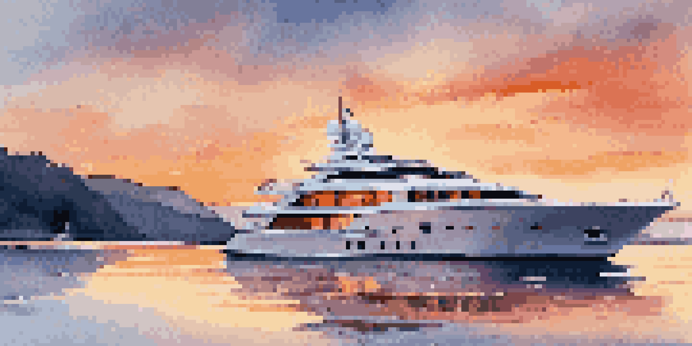 A luxurious yacht in a tranquil cove during sunset, with vibrant colors reflecting off the water.