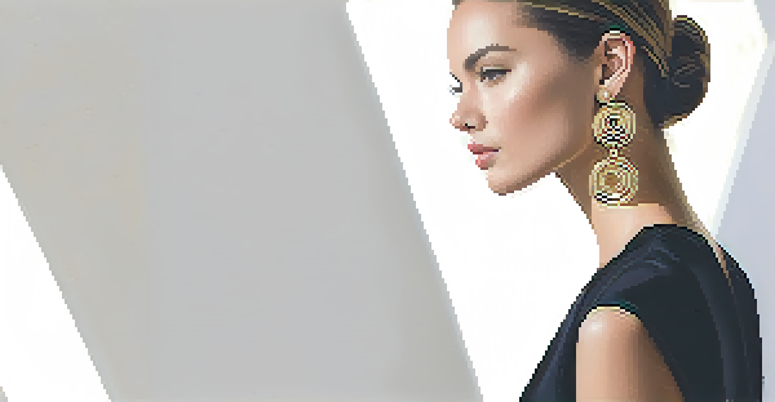 A model in a fitted black dress wearing large geometric gold earrings against a minimalist white background.