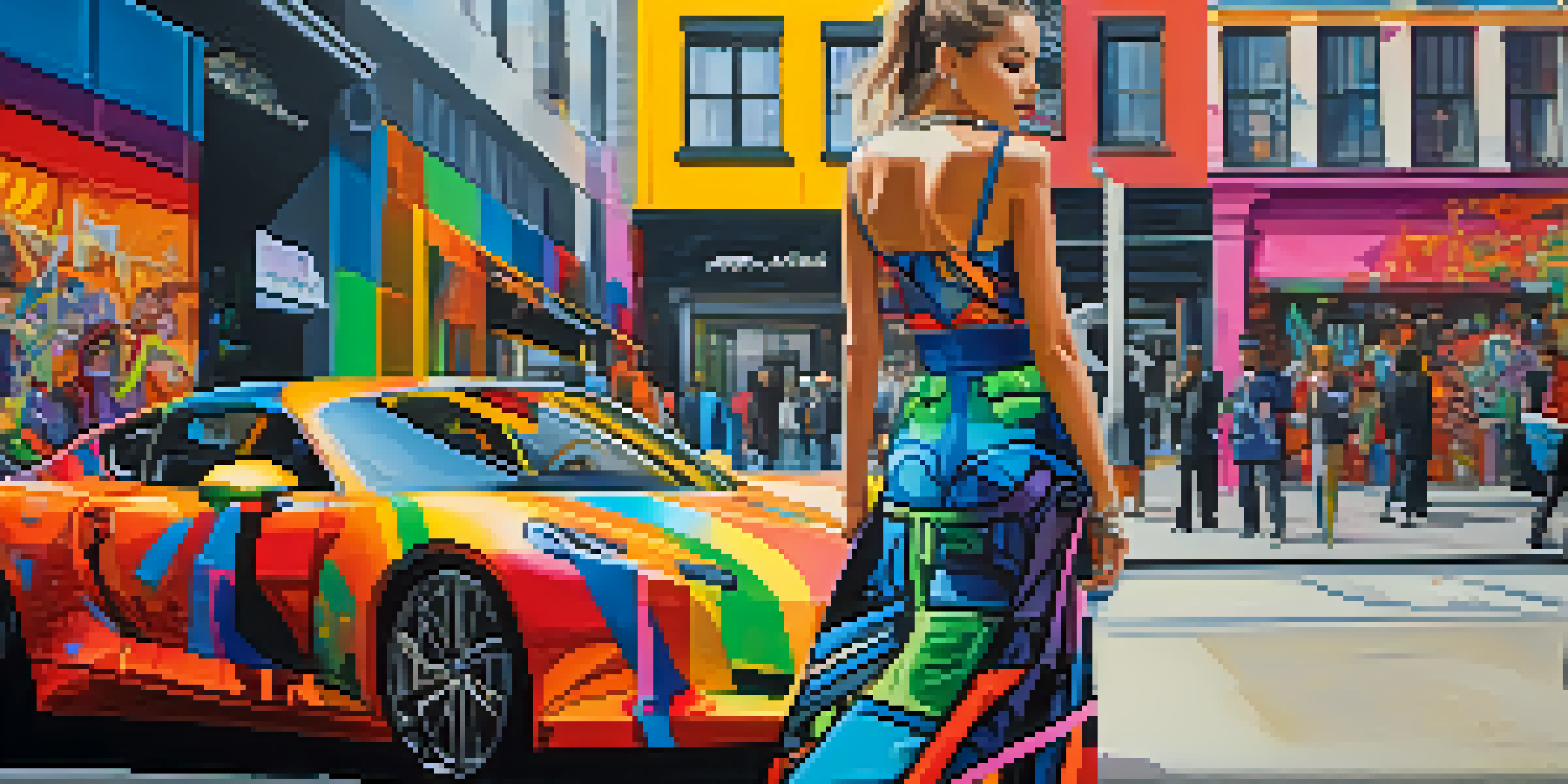 A model in a colorful outfit inspired by street art stands in a lively urban environment, surrounded by graffiti and city life.