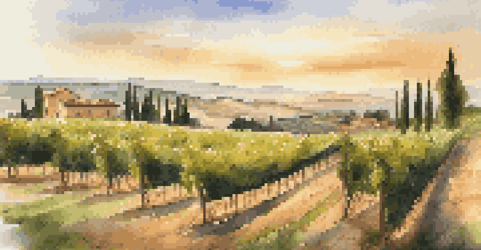 A scenic vineyard in Tuscany at sunset with a wooden table set for wine tasting and a cheese platter.