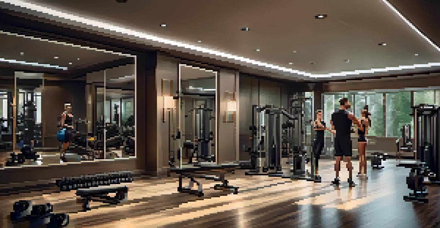 A personal trainer demonstrating a workout to a client in an upscale gym environment.