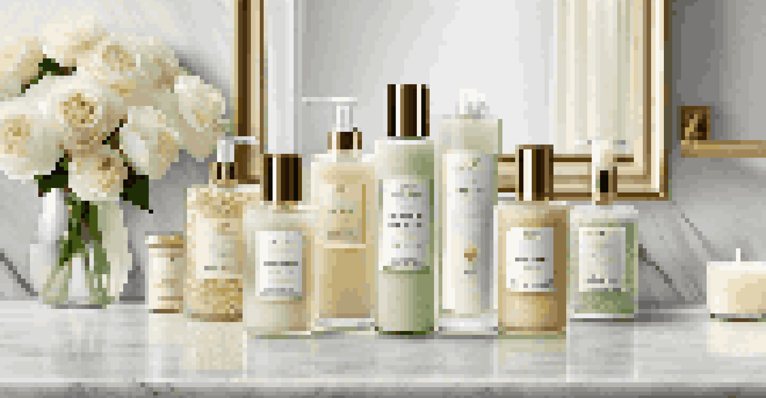 A display of luxury bath products including bath salts, body wash, and a candle on a marble countertop.