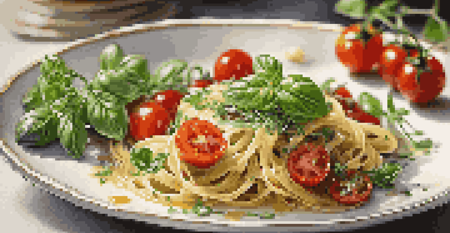 A close-up of a gourmet pasta dish, beautifully plated with fresh ingredients and garnishes.