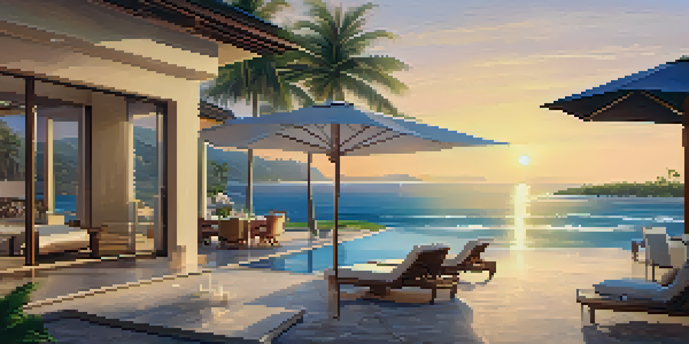A beautiful beachfront villa with a private pool, palm trees, and a gourmet breakfast set on a table with a view of the sparkling ocean at sunrise.