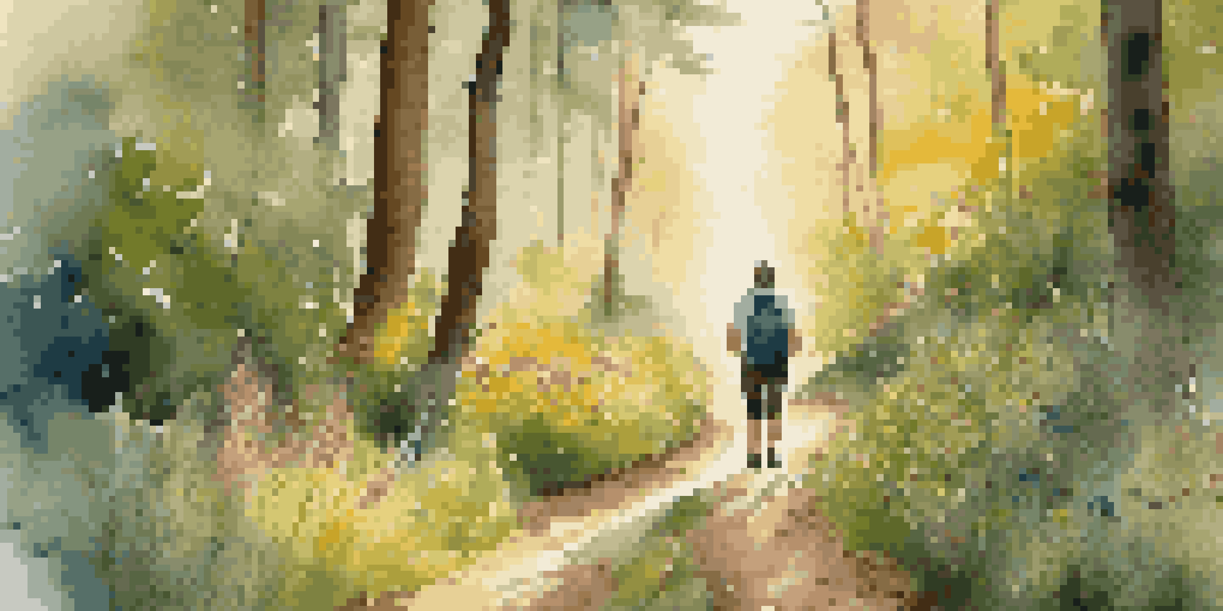 A sunrise hike in a forest with a wellness coach leading clients along a green trail, illuminated by soft golden light.