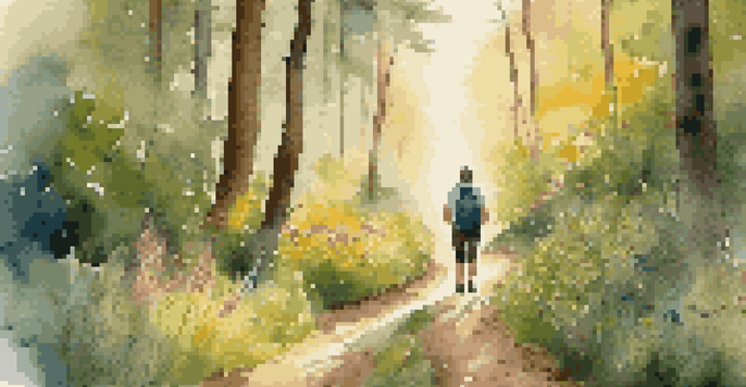 A sunrise hike in a forest with a wellness coach leading clients along a green trail, illuminated by soft golden light.