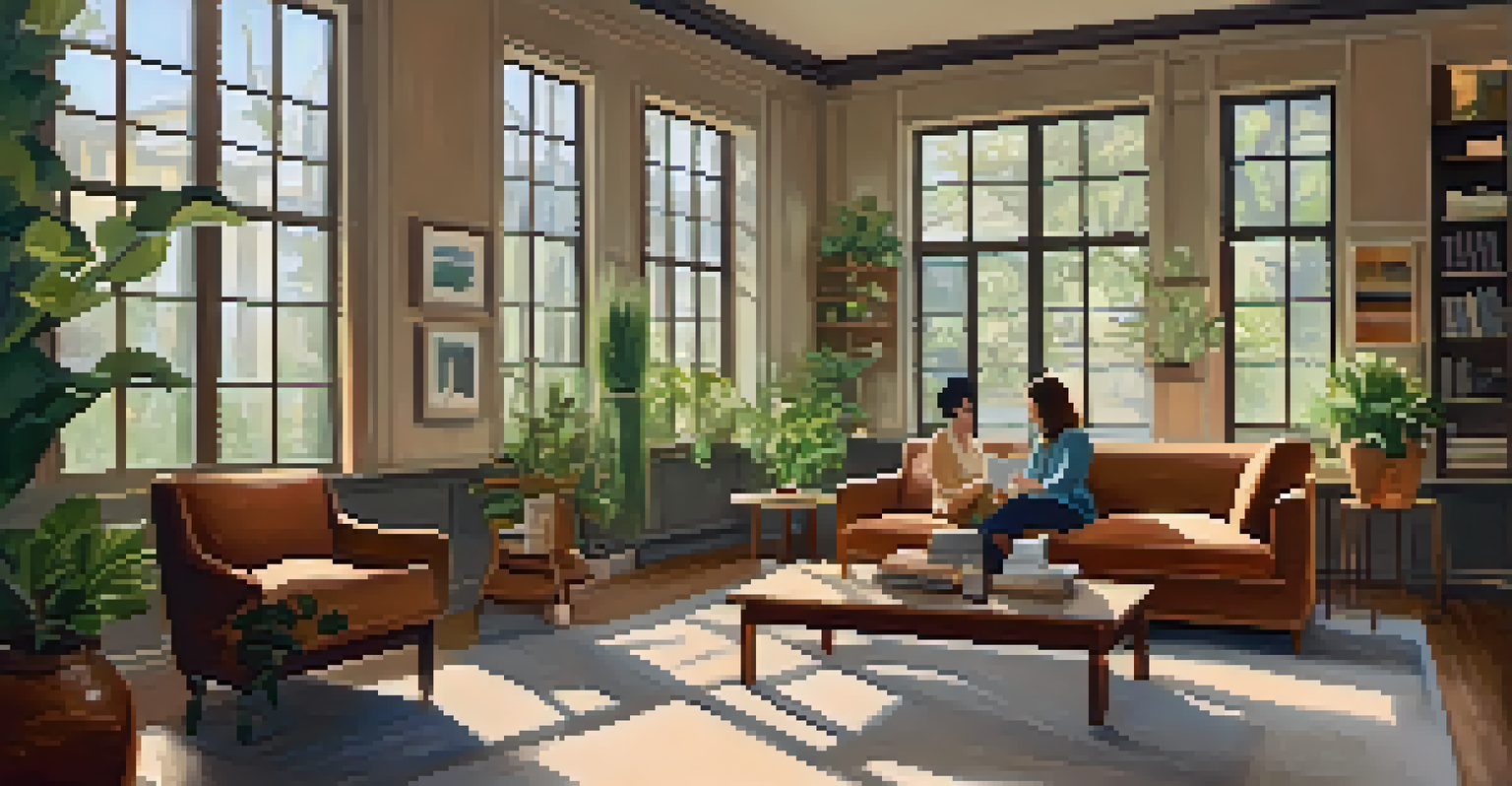 An indoor personal coaching session showing a coach and client talking in a warm, comfortable environment with plants and books.