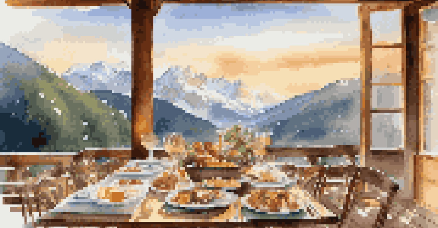 An outdoor dining table on a terrace with gourmet alpine dishes and a stunning mountain view during sunset.