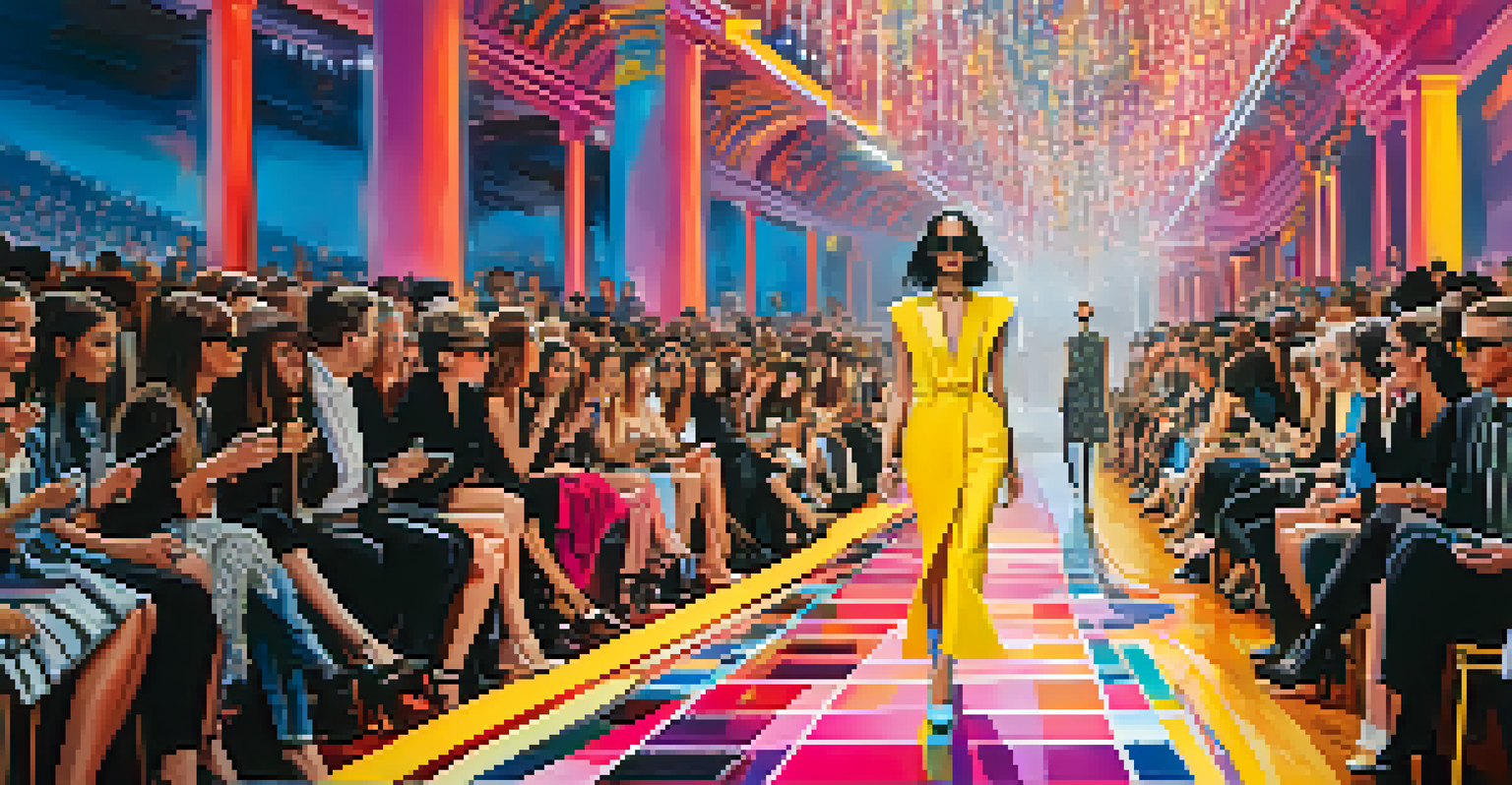 Fashion runway scene with models in bold outfits and colorful lighting, representing high fashion.