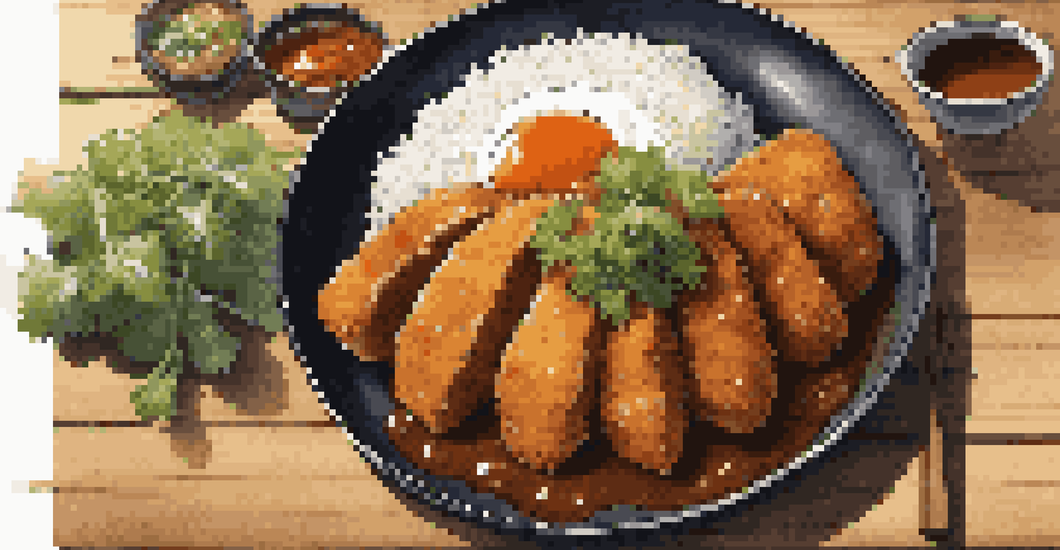 A large plate of Katsu Curry with a breaded cutlet, rice, and vibrant garnishes on a rustic wooden table.