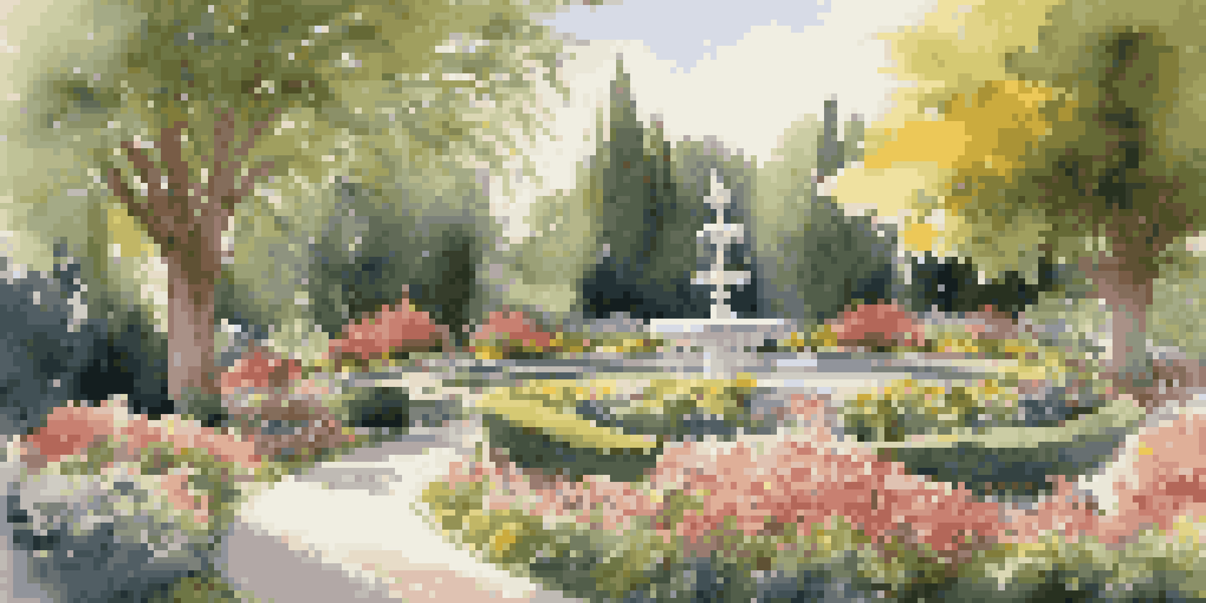 A well-maintained luxury garden with colorful flowers, a stone pathway, and a water fountain, illuminated by gentle sunlight.