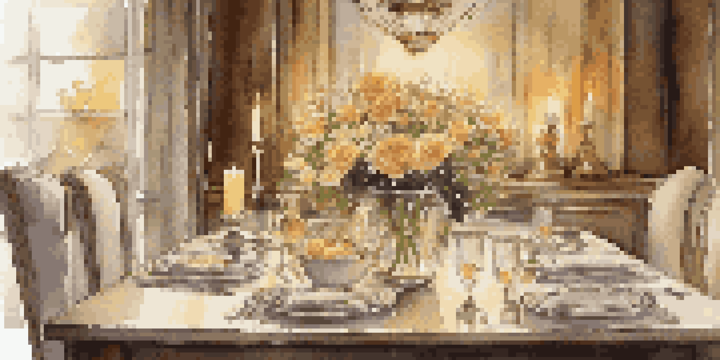 A dining table elegantly set with candles and flowers, creating a warm atmosphere.