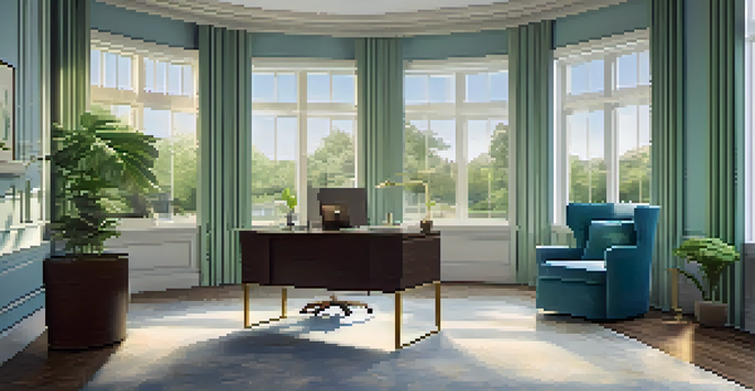 A bright and elegant executive office with a large window, luxurious desk, and calming decor.