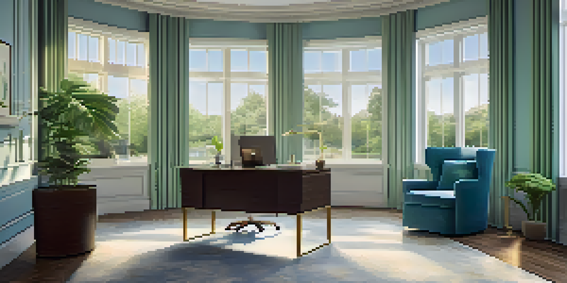 A bright and elegant executive office with a large window, luxurious desk, and calming decor.