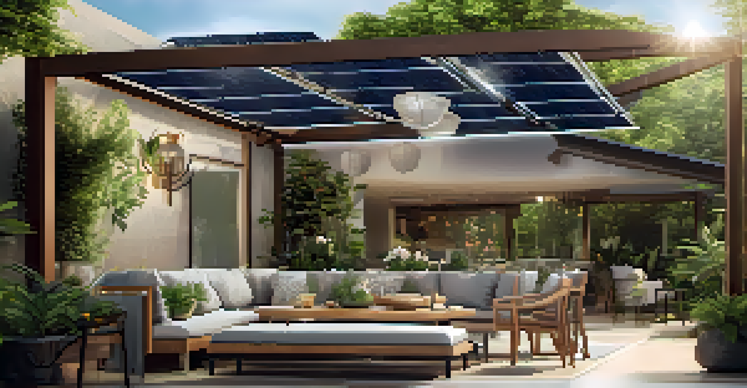 An elegant outdoor patio with integrated solar panels, lush greenery, and stylish lounge furniture, highlighting the blend of sustainability and luxury.