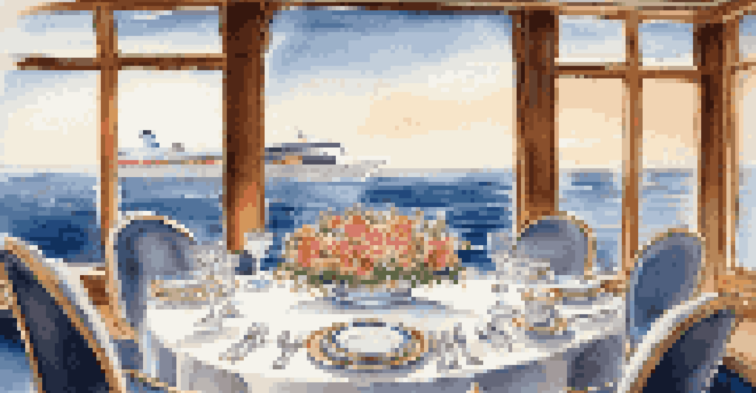 A beautifully arranged dining table on a cruise ship, with an ocean view and gourmet dishes.