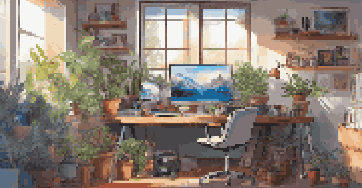 A stylish workspace of a digital art collector with a computer displaying NFT art, sketches, and plants, illuminated by sunlight.