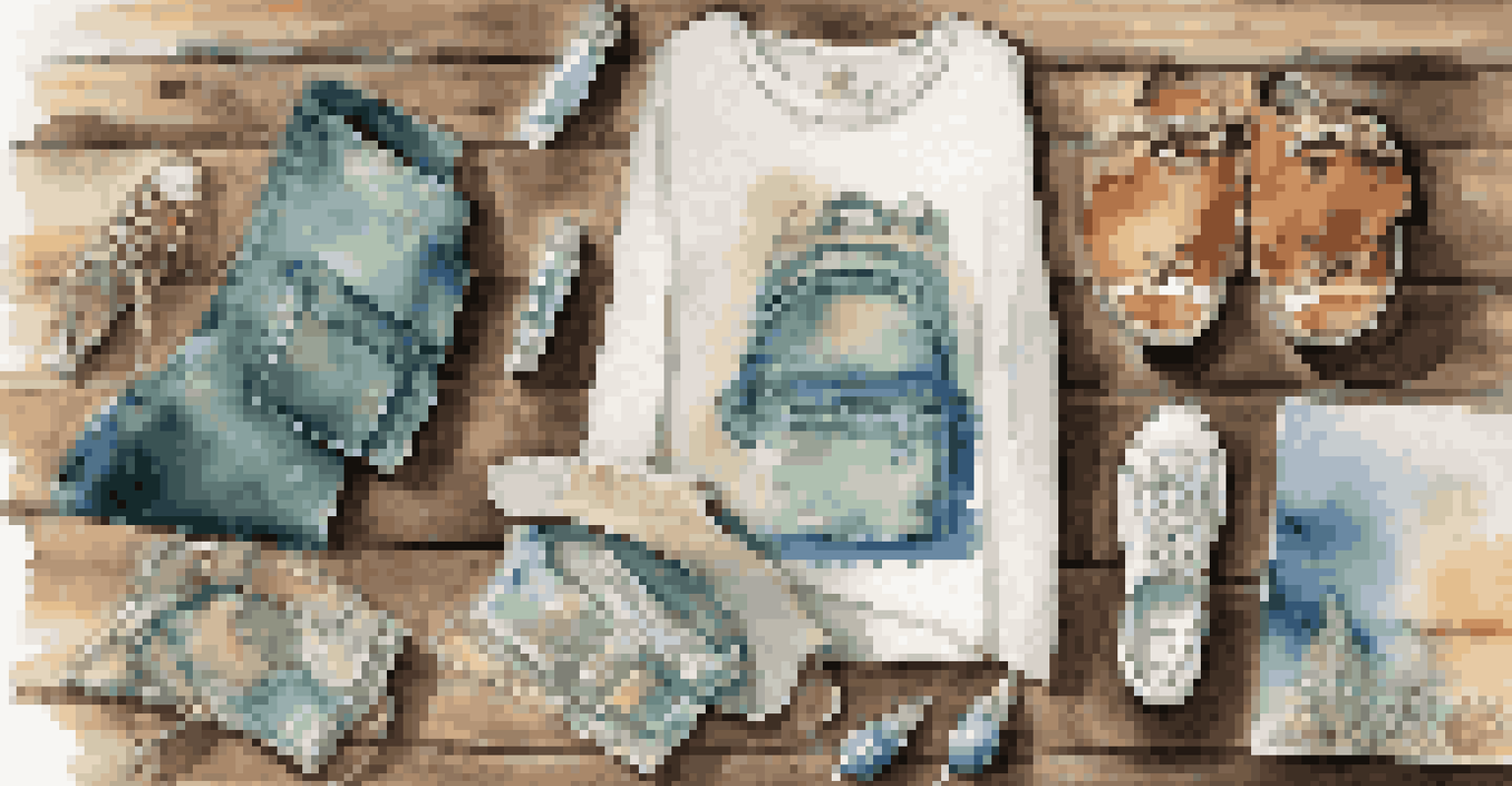 Eco-friendly fashion items made from recycled materials displayed on a wooden table, highlighting their textures and colors.