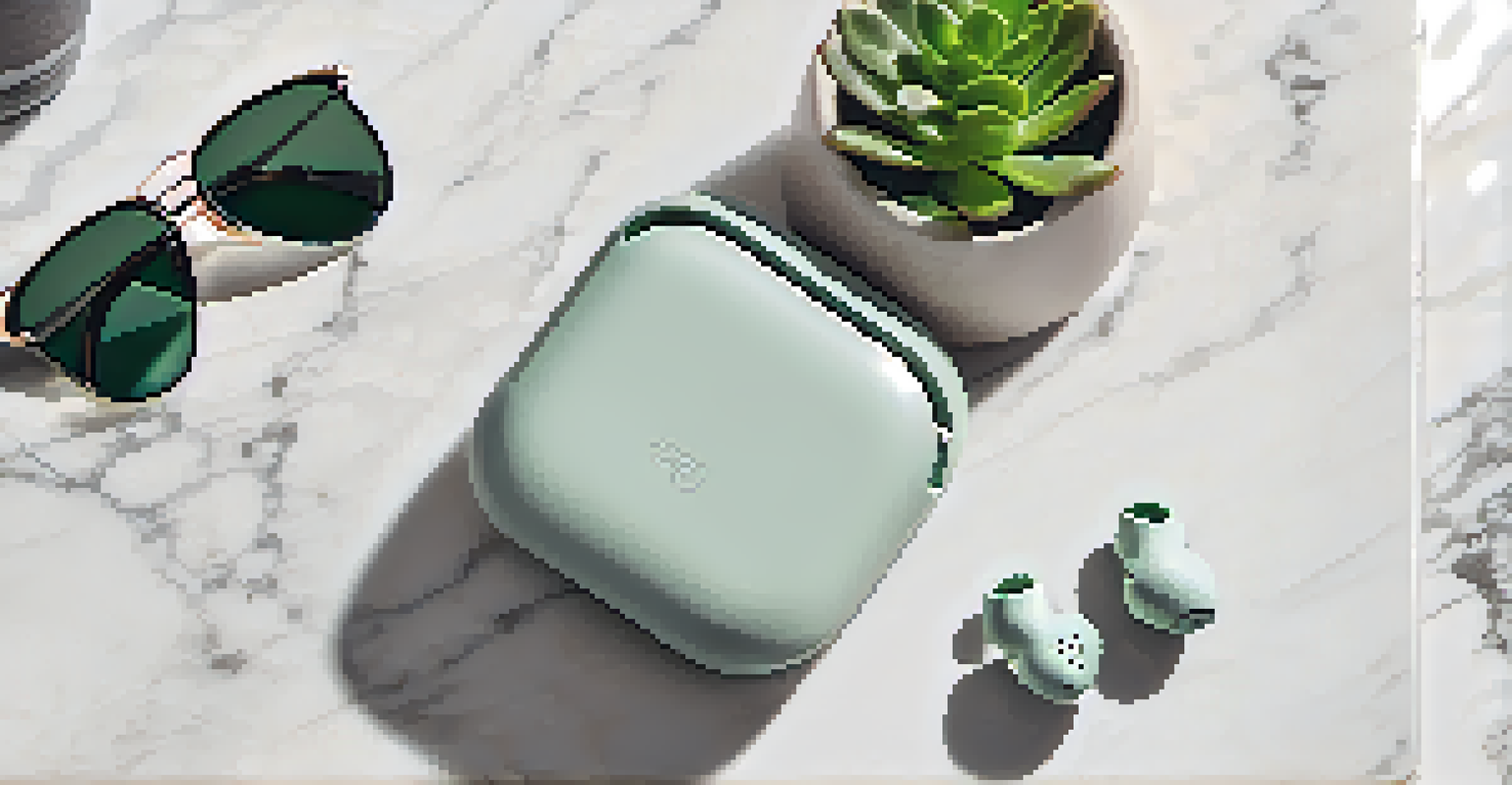 Premium wireless earbuds and a charging case on a marble surface, accompanied by a potted succulent plant.