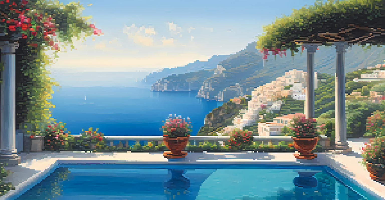 A luxurious villa with an infinity pool overlooking the Amalfi Coast, surrounded by flowers and greenery.