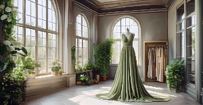 A sustainable fashion studio with an elegant dress made from organic cotton on a vintage mannequin, surrounded by greenery and natural light.